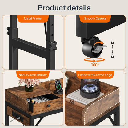 HOOBRO Height-Adjustable Bedside Table & Headboard Set with Wheels & Drawers & Charging Station