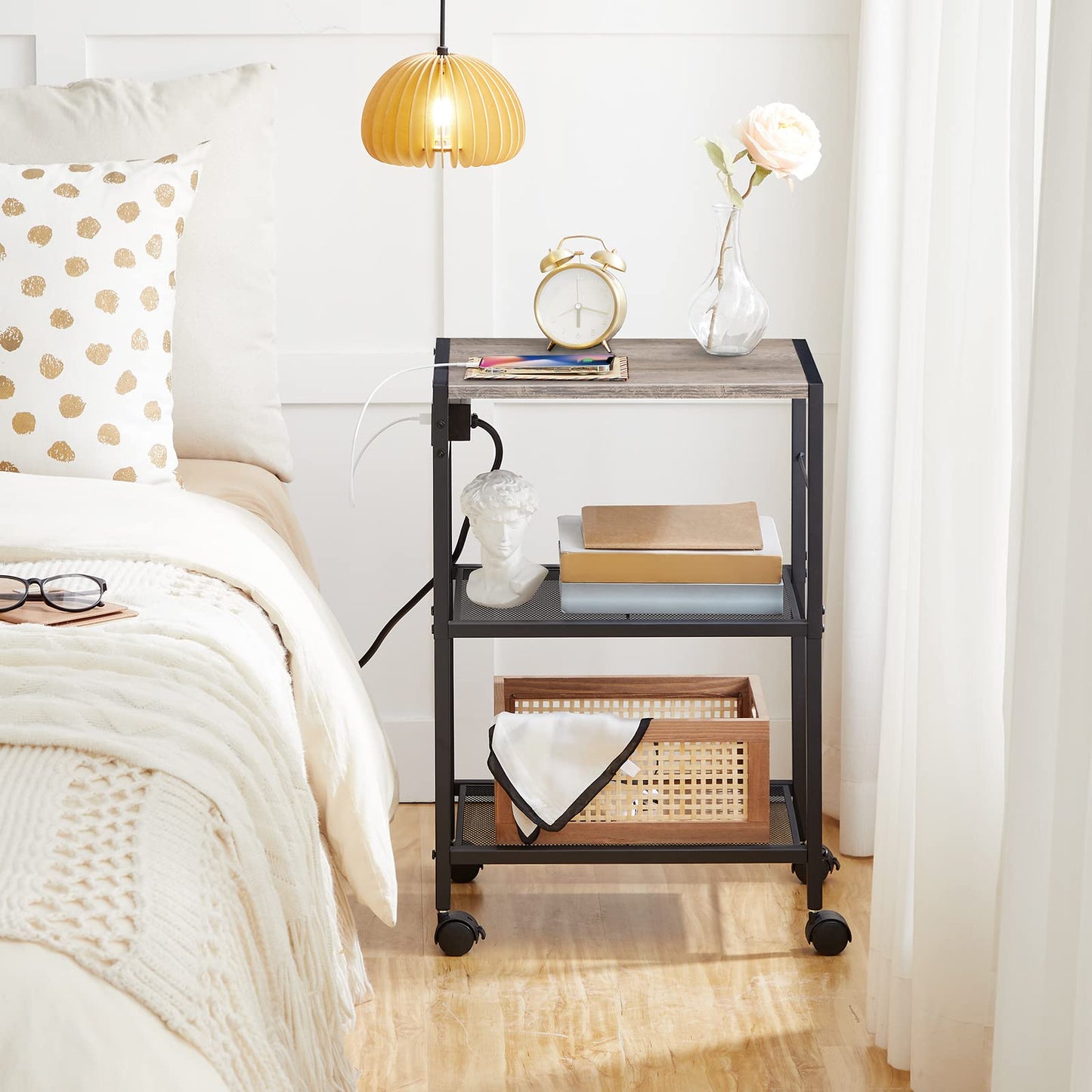 HOOBRO Greige Three-Tier Portable Industrial Printer Stand with Power Outlet & USB Port & 2 Hooks