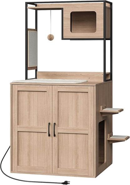 Wooden pet play structure with shelves and a hanging ball on a white background