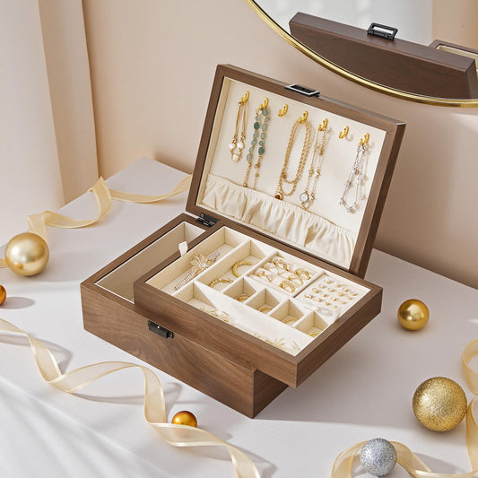 HOOBRO 2-Tier Wooden Jewelry Organizer Box with Removable Tray