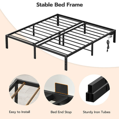 Black metal bed frame with features highlighted on a beige background
