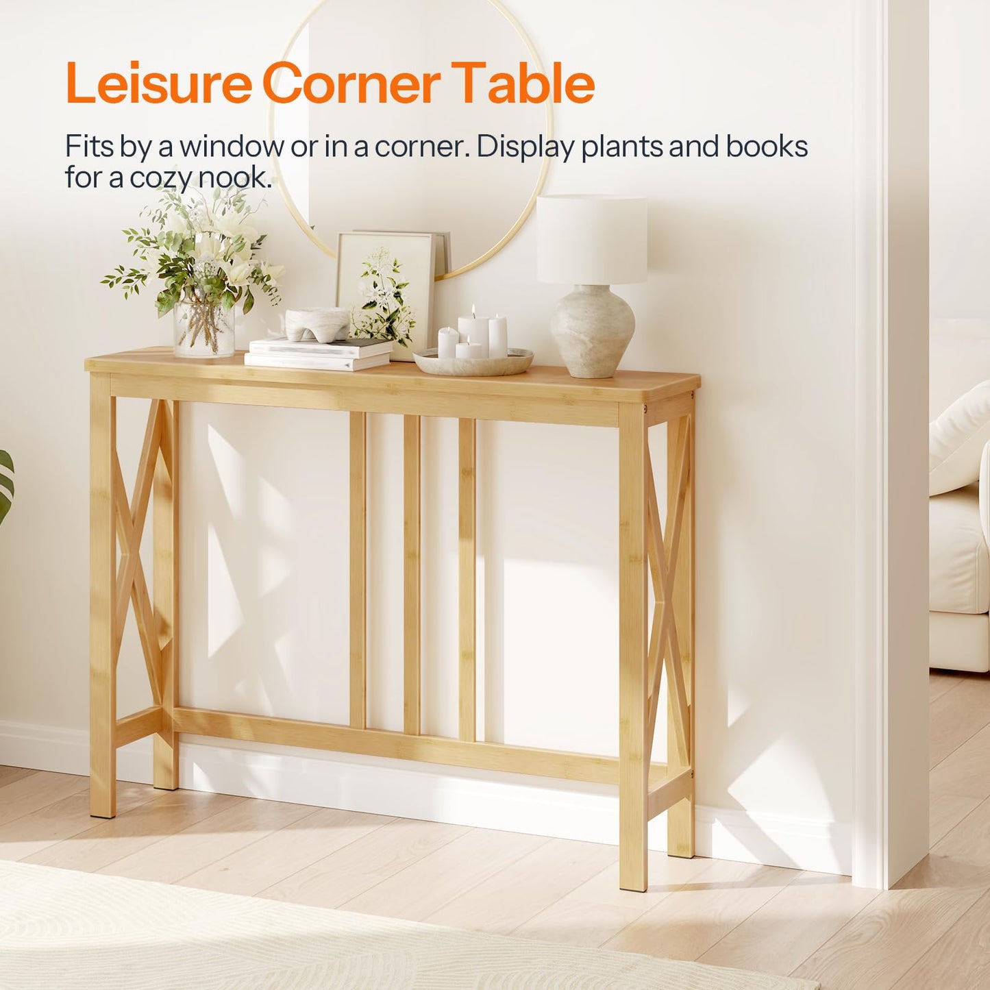 HOOBRO Narrow Bamboo Console Table with X-Frame