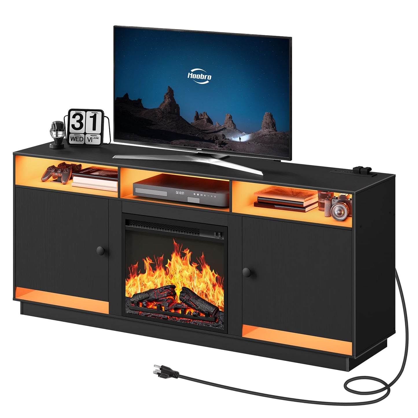 HOOBRO Black Electric Fireplace TV Stand with Charging Station & LED Light Strip & Adjustable Glass Shelf