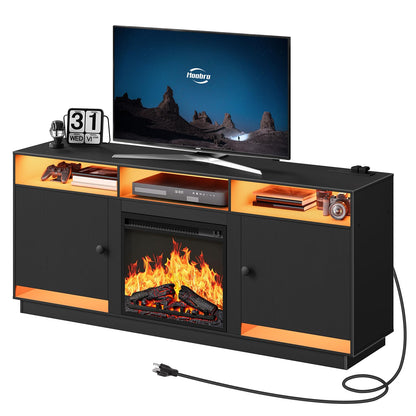 HOOBRO Black Electric Fireplace TV Stand with Charging Station & LED Light Strip & Adjustable Glass Shelf