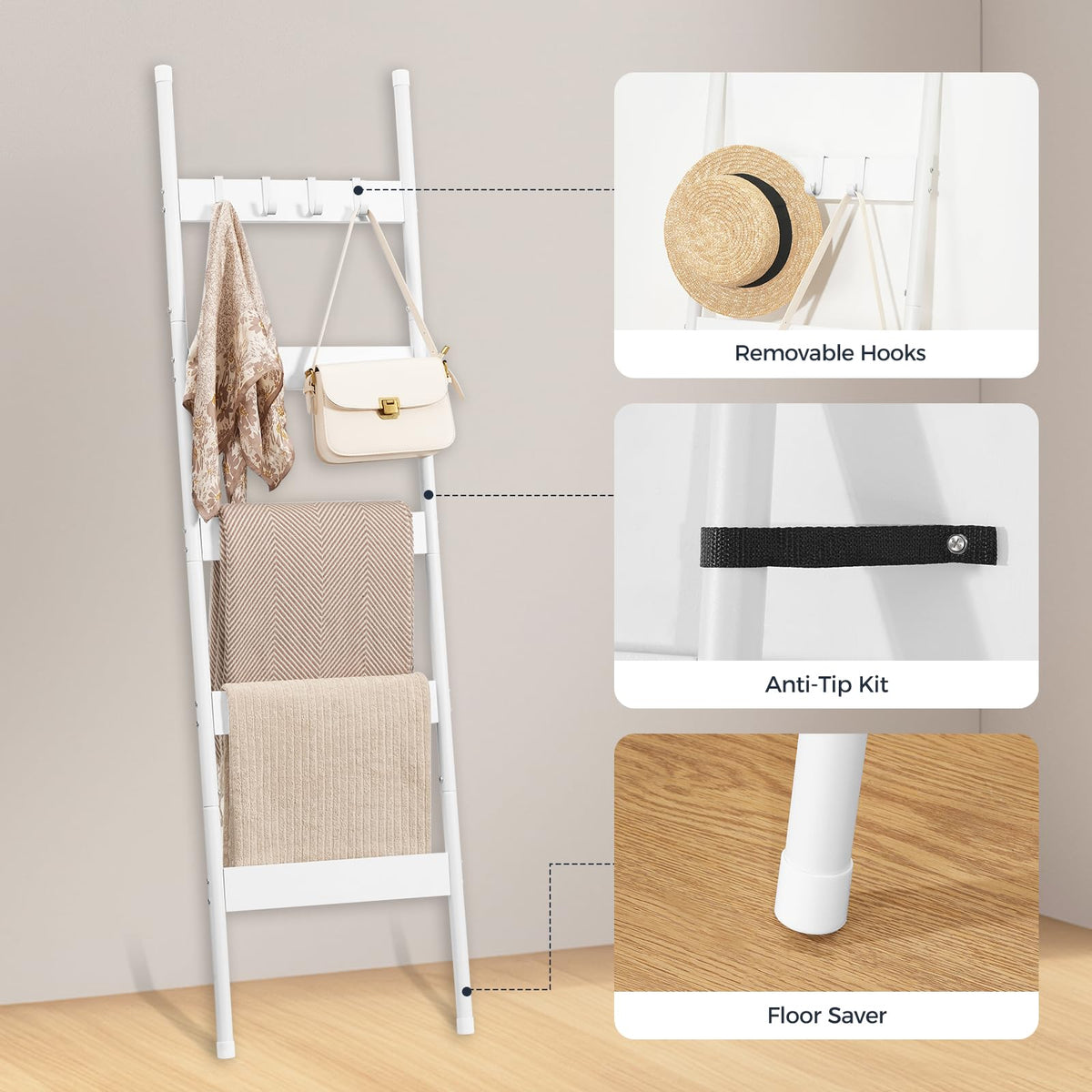 HOOBRO Blanket Ladder, 5-Tier Towel Rack with Hooks, Wall-Leaning Blanket Rack, Decorative Display Ladder Shelf, for Scarves, Industrial, Living Room, Bedroom, White WW52CJ01