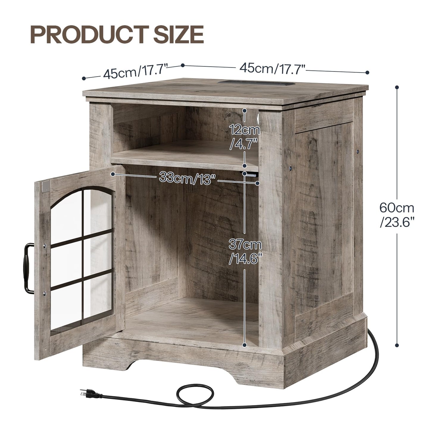 HOOBRO 17.7-inch Greige Wood Farmhouse Style Living Room Side Table with Charging Station