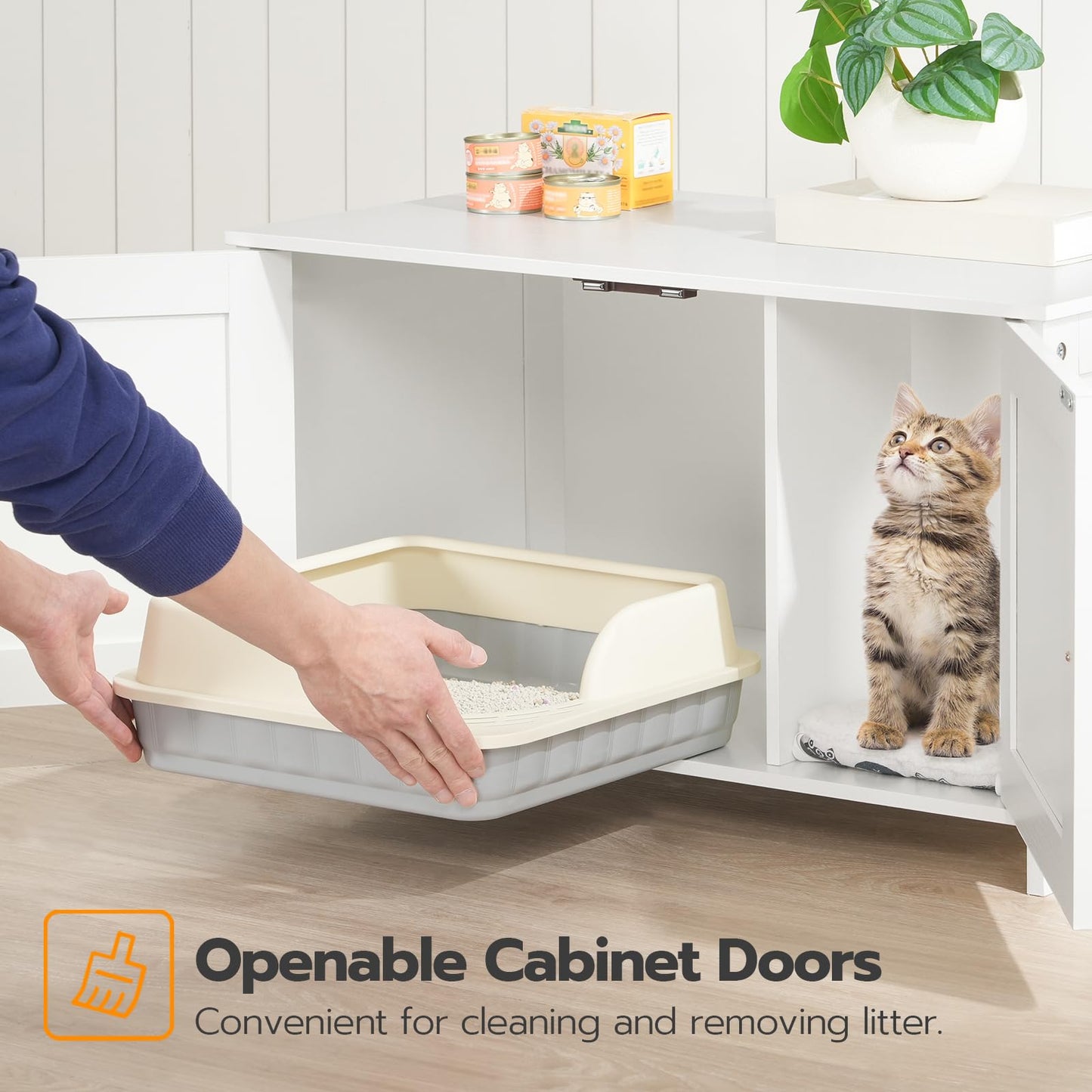 HOOBRO White Large Concealed Litter Box Enclosure with Removable Divider