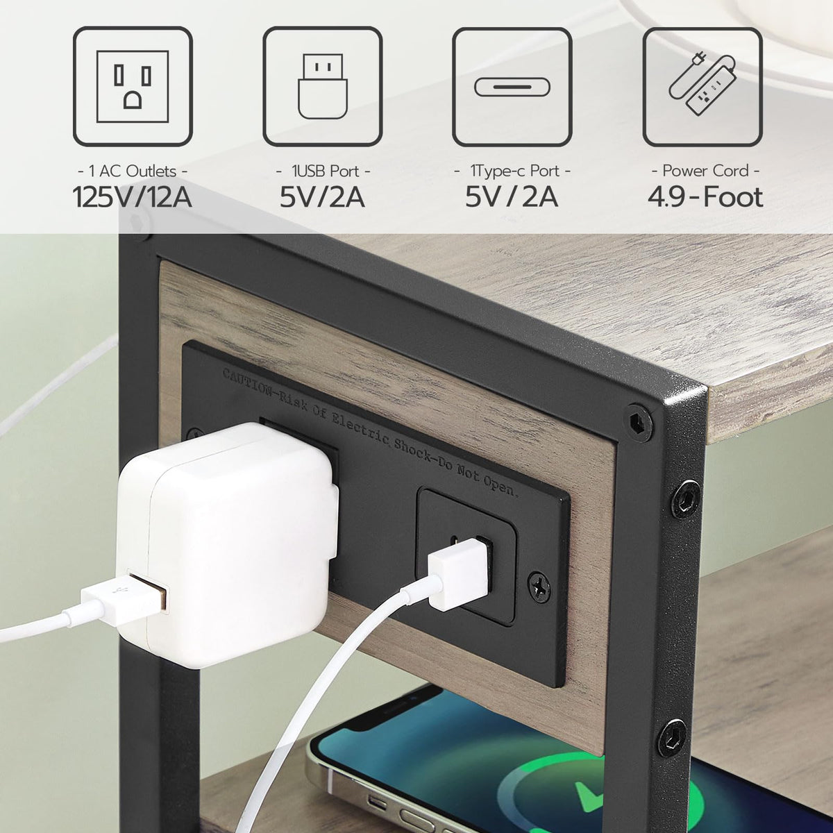 HOOBRO Small Narrow Side Table with Charging Station, Skinny End Table for Small Spaces, Slim Nightstand with USB Ports Outlet, Sofa Beside Table with Storage Shelf, Greige and Black BG102UBZ01