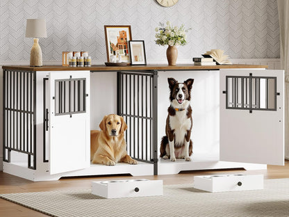 HOOBRO 71.9-inch Farmhouse Style Double Dog Cage Furniture with Removable Divider