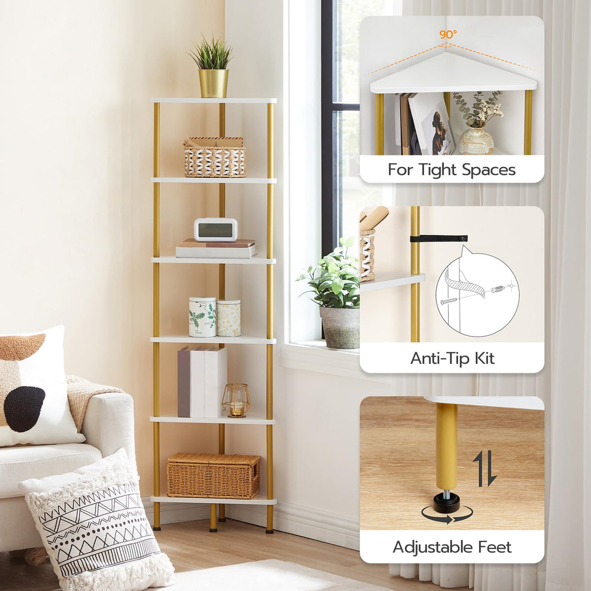 HOOBRO Corner Shelf Stand, Industrial 6-Tier Wall Corner Bookshelf with Metal Frame, Plant Display Shelf, Bookcase for Small Spaces, Living Room, White and Gold DW36CJ01
