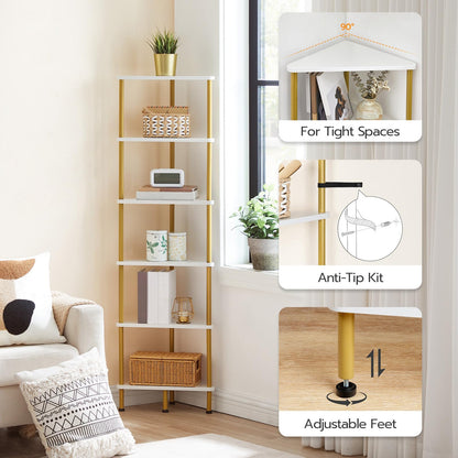 HOOBRO Corner Shelf Stand, Industrial 6-Tier Wall Corner Bookshelf with Metal Frame, Plant Display Shelf, Bookcase for Small Spaces, Living Room, White and Gold DW36CJ01