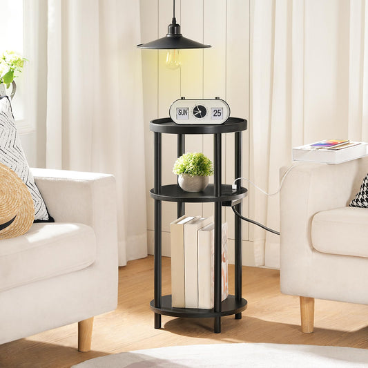 HOOBRO 3-Tier Bamboo Round Side Table with Charging Station