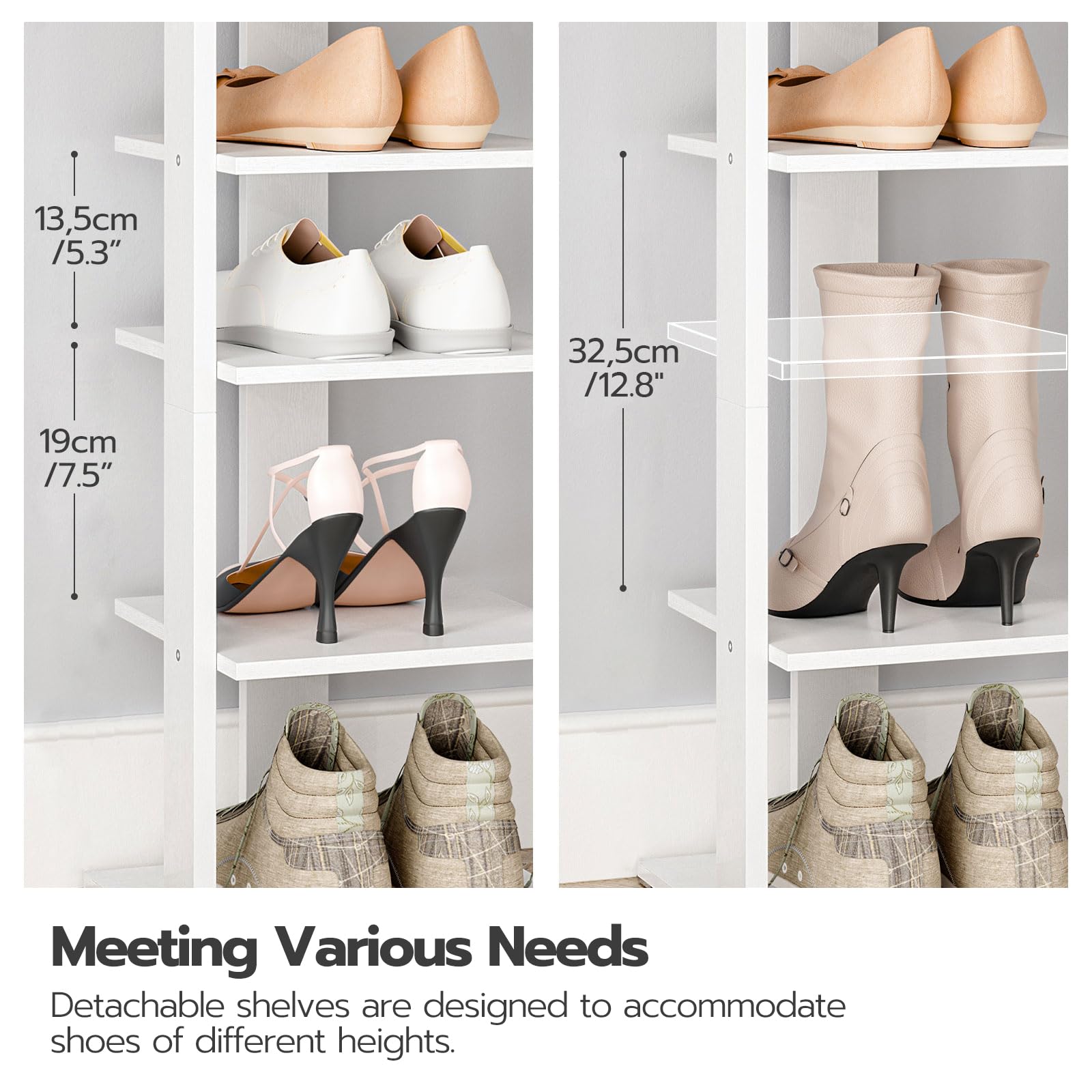 White shoe rack with shoes of various heights on shelves, showing dimensions.