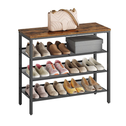 HOOBRO Brown Industrial 4-Tier Shoe Rack with Adjustable Mesh Shelves