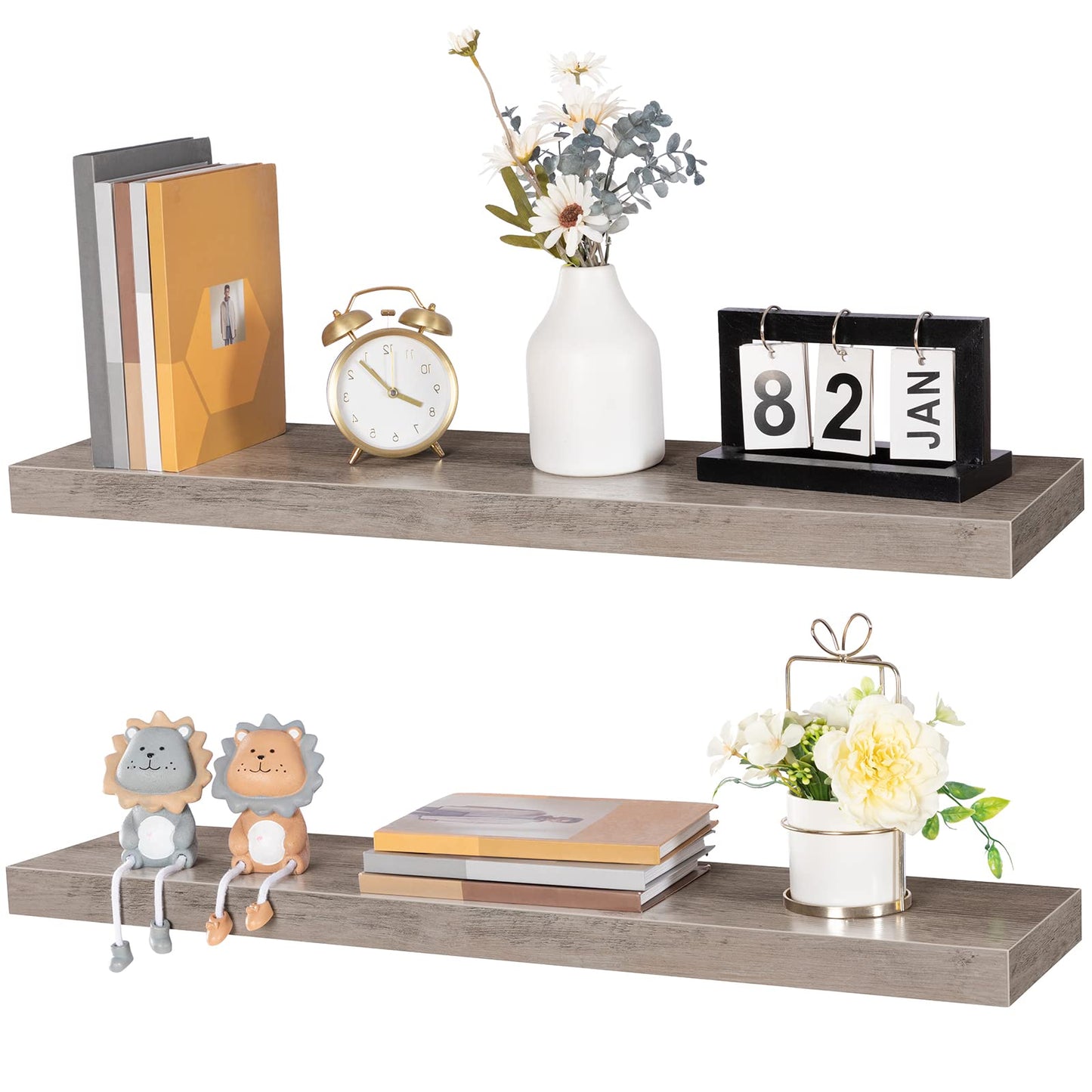 Two wooden shelves with decorative items including books, a clock, and small plants on a white background.