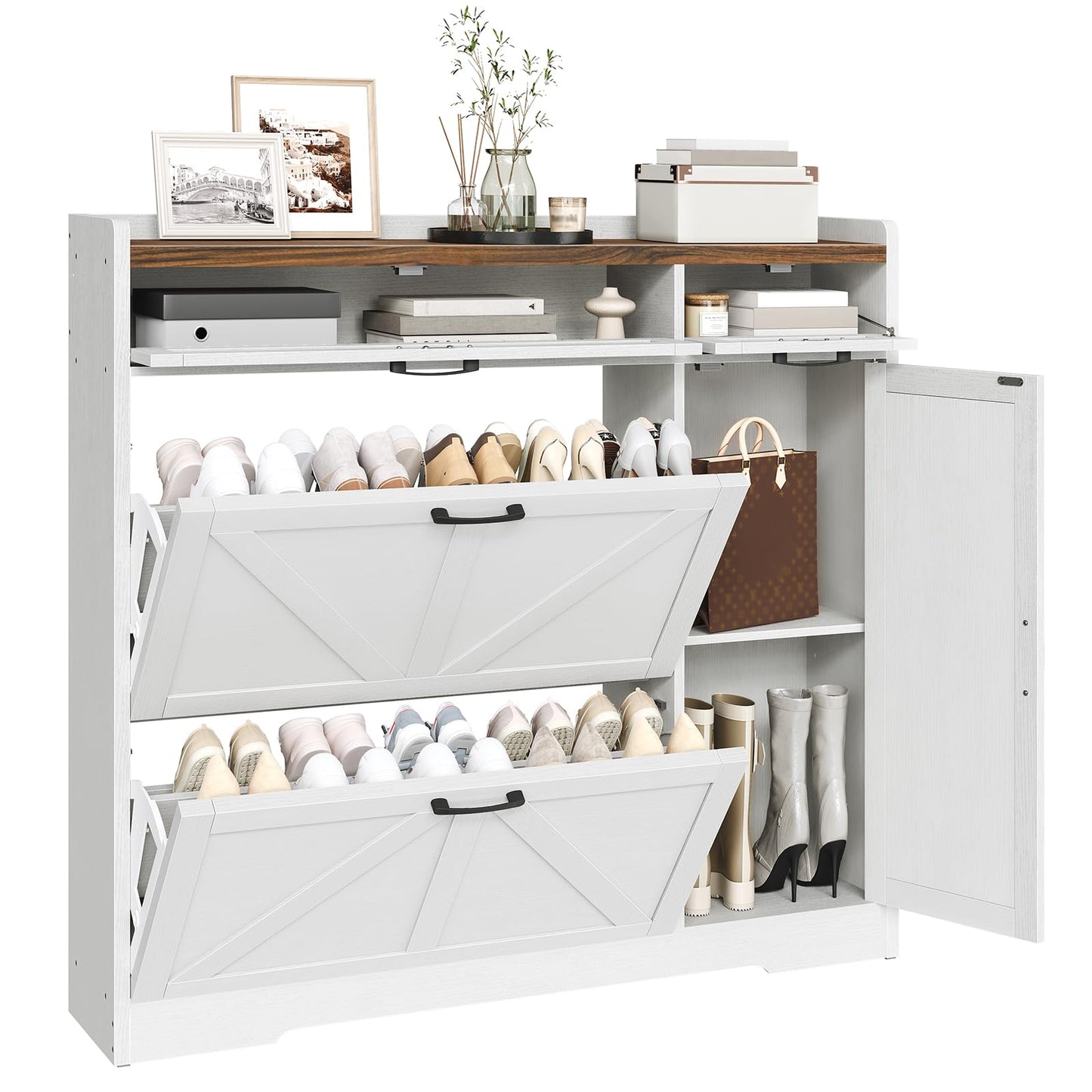 HOOBRO Farmhouse Style Shoe Cabinet with 2 Flip-Top Drawers & Adjustable Side Cabinet