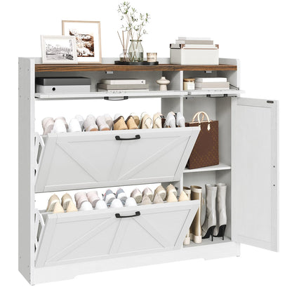 HOOBRO Farmhouse Style Shoe Cabinet with 2 Flip-Top Drawers & Adjustable Side Cabinet