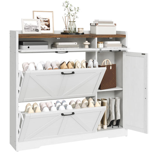HOOBRO Farmhouse Style Shoe Cabinet with 2 Flip-Top Drawers & Adjustable Side Cabinet
