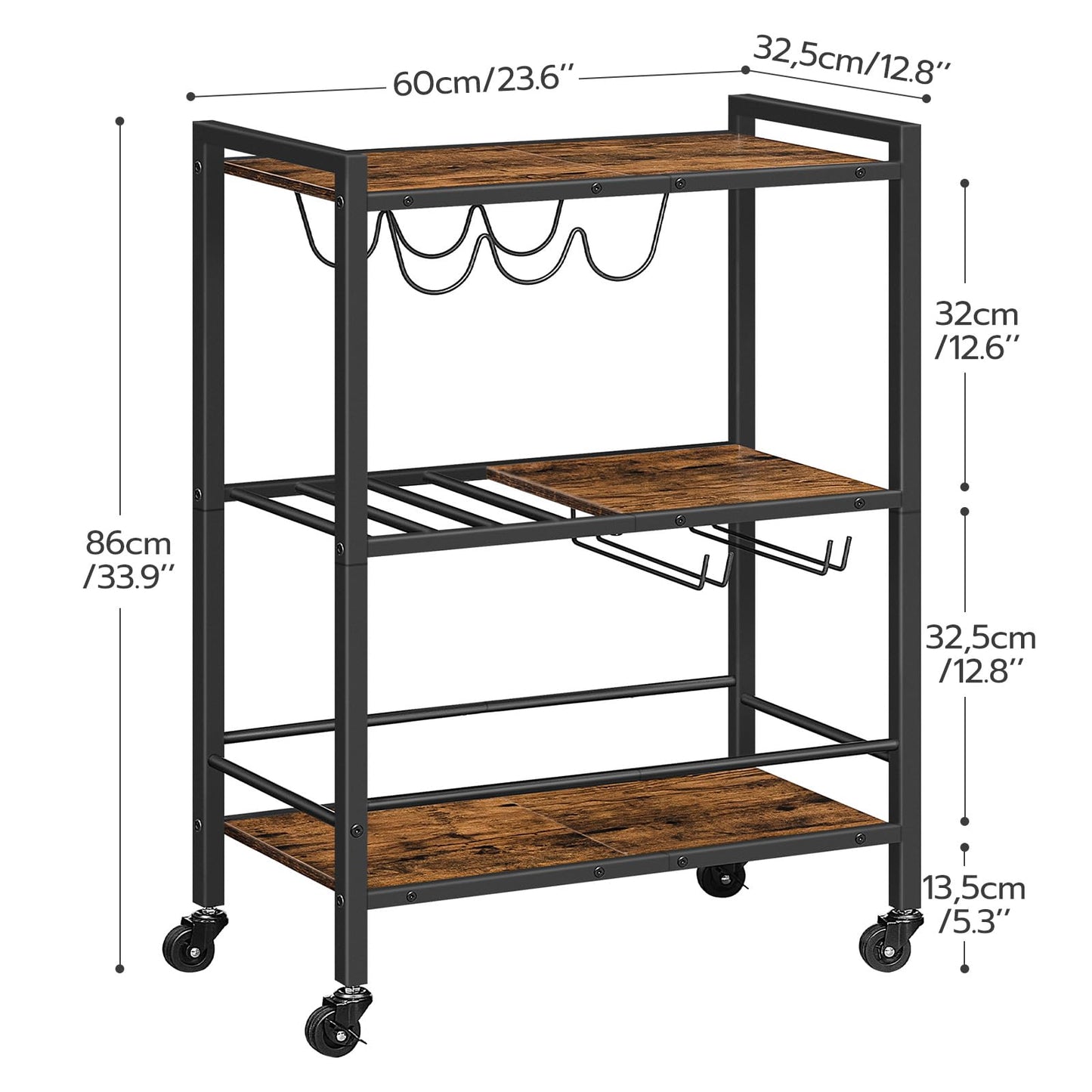 HOOBRO Retro Brown Three-Tier Movable Wheeled Bar Trolley with Wine Rack & Glass Holder