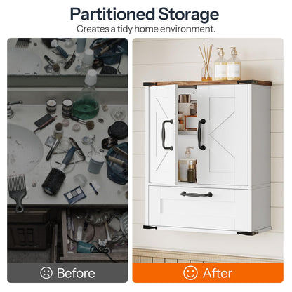 Before and after comparison of a messy workspace with a cabinet for partitioned storage.