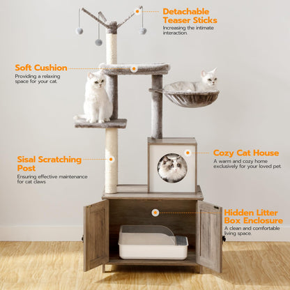 HOOBRO Greige Wooden Concealed Cat Tree Tower with Litter Box Enclosure & Scratching Post