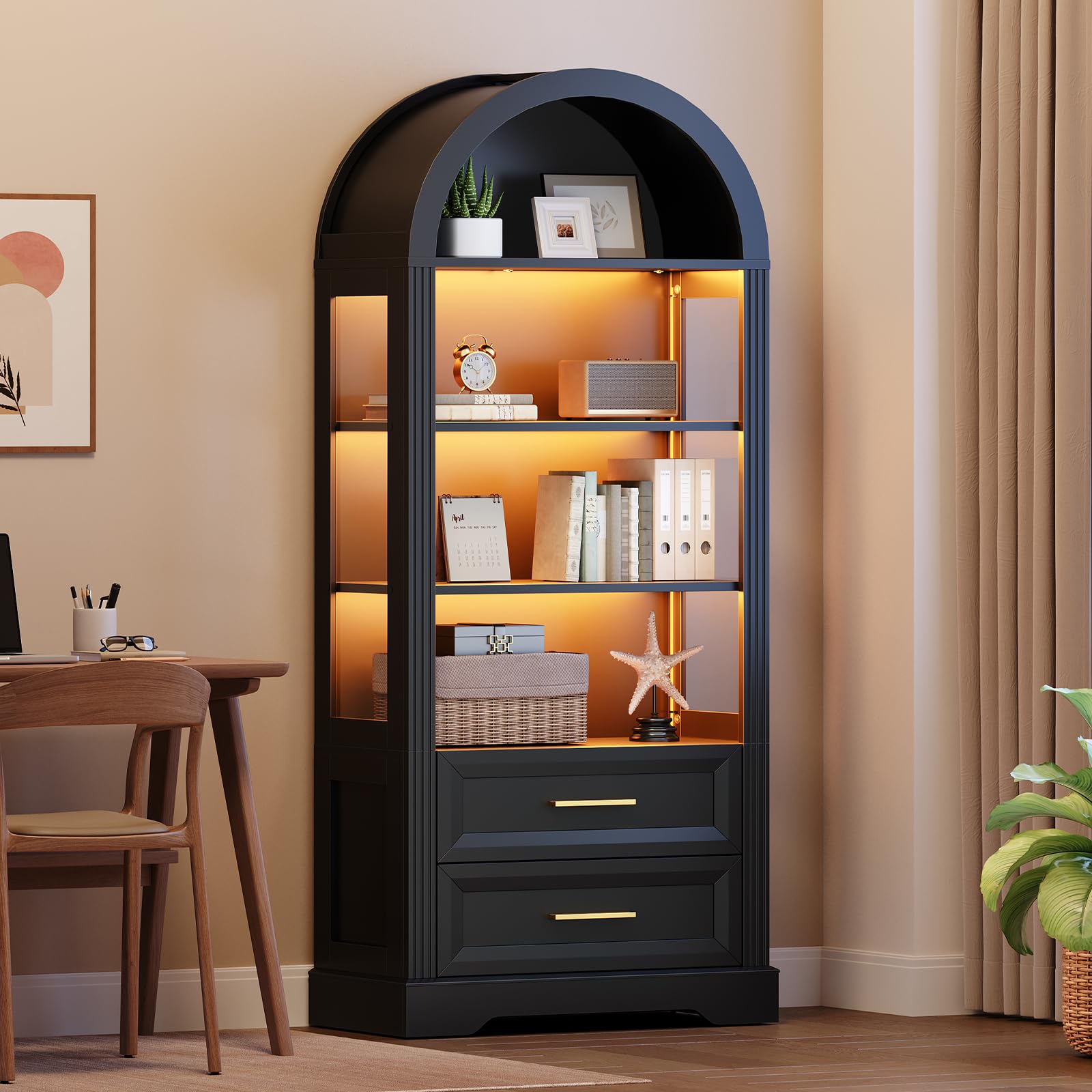 Black arched bookshelf with decorative items in a room setting