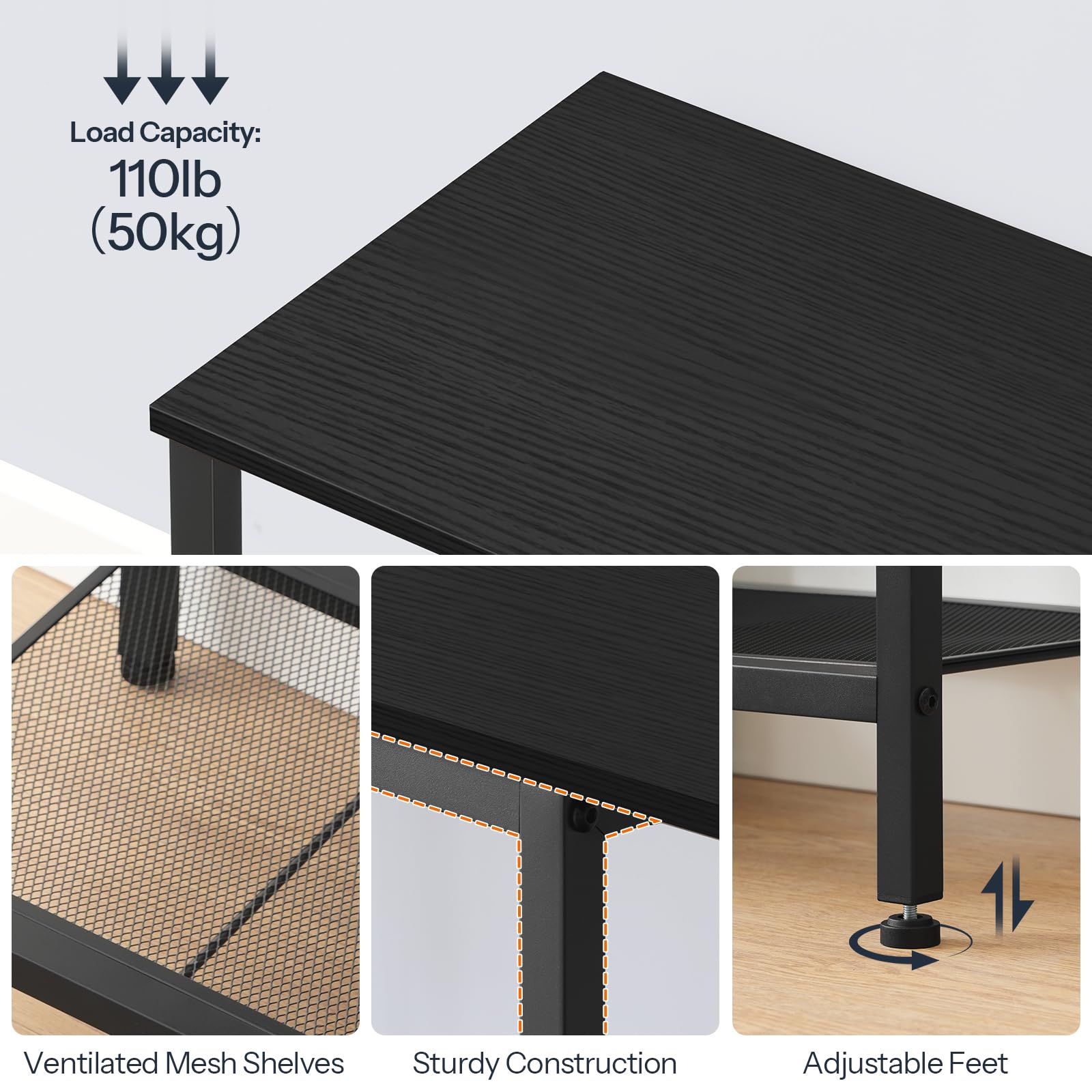 Black metal desk with load capacity, ventilated mesh shelves, sturdy construction, and adjustable feet features.
