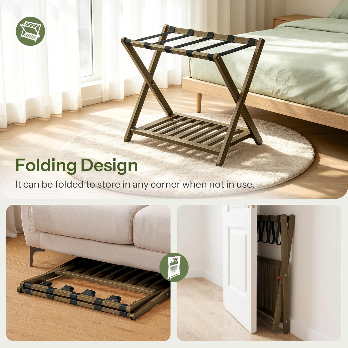 HOOBRO 2-Tier Solid Wood Folding Luggage Rack for Guest Room, Bedroom