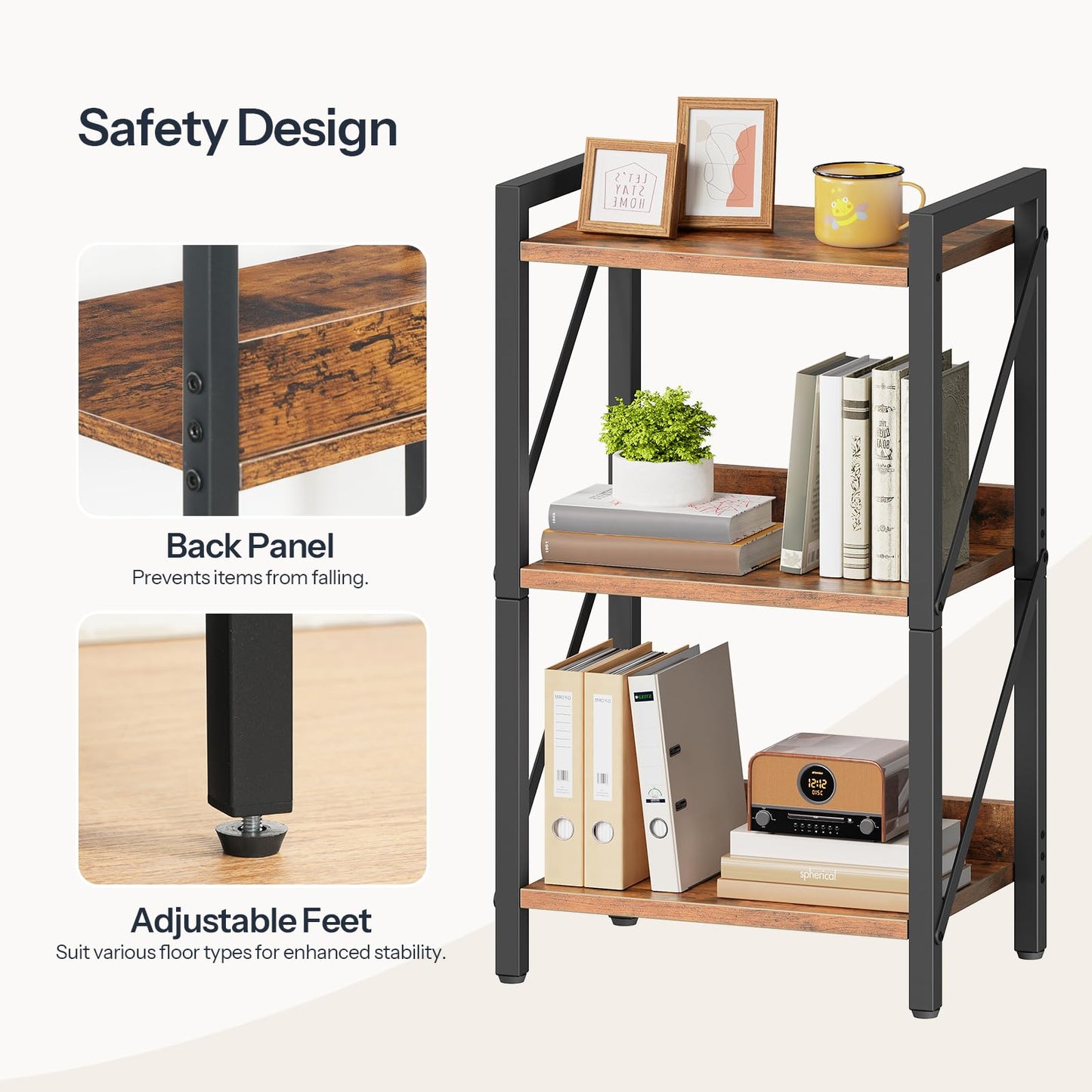 HOOBRO Retro Brown Three-Tier Industrial Style Bookshelf