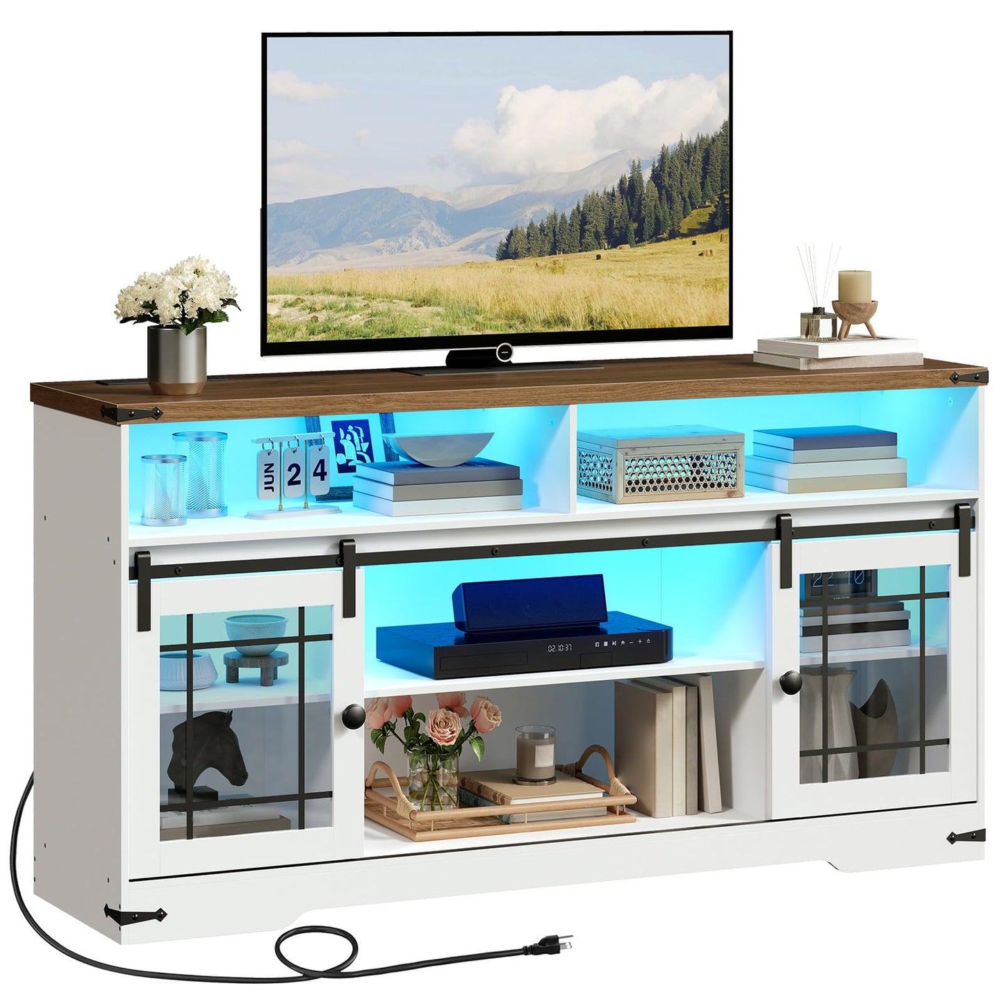White TV stand with wooden top displaying a TV and decorative items, featuring LED lighting.
