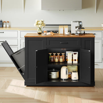 HOOBRO Black Mobile Kitchen Island with Trash Can Storage & Power Outlet & Spice Rack & Drawers
