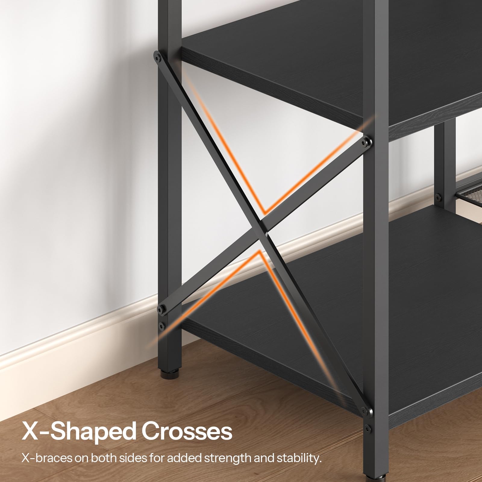 Black metal shelf with X-shaped crossbars on a white wall background