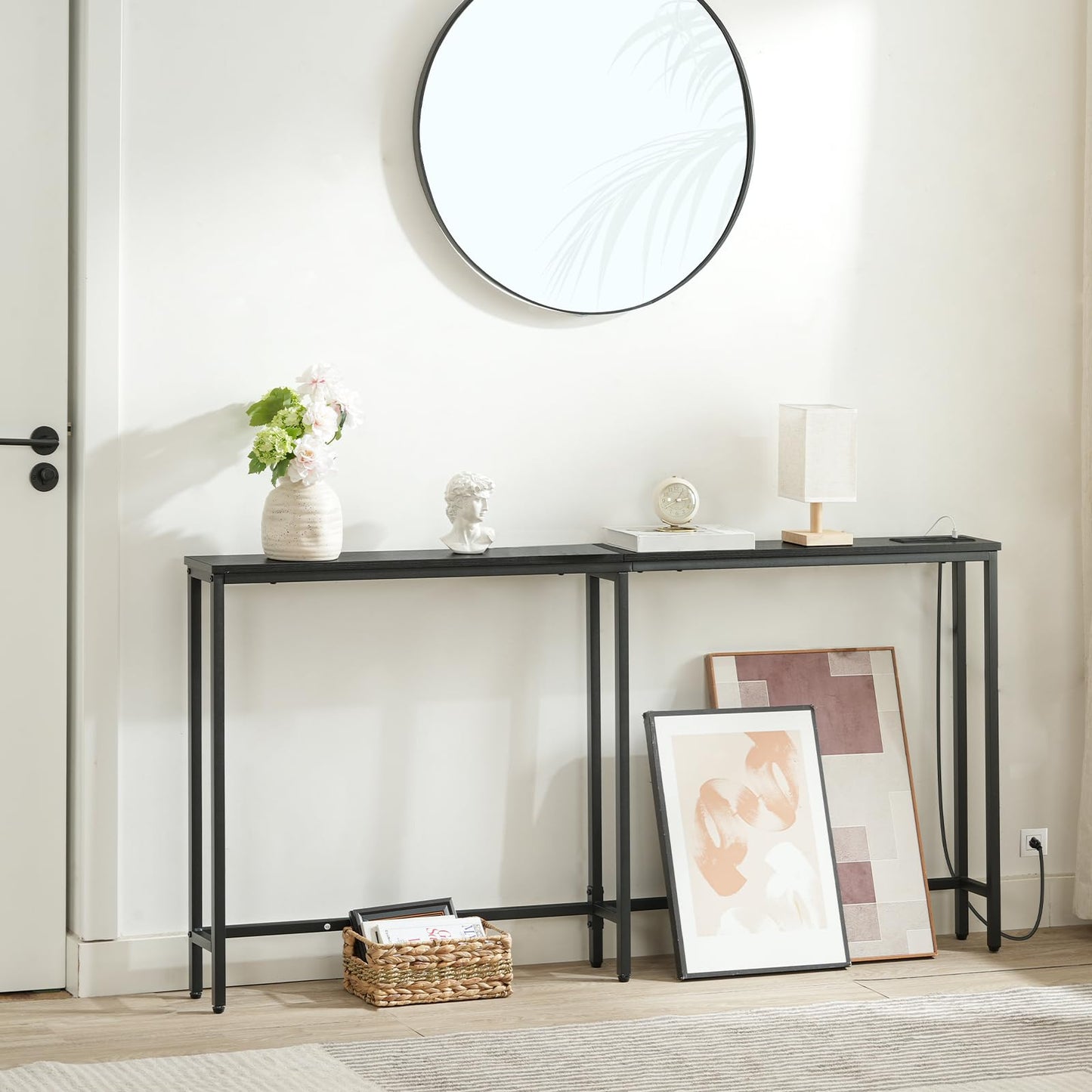 HOOBRO Black 63-inch Narrow Console Table with Charging Station & 2 Power Outlets & USB Port