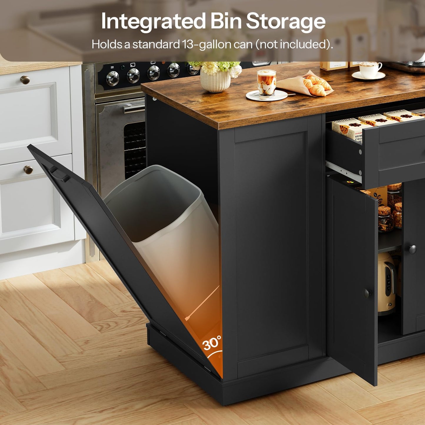 HOOBRO Black Mobile Kitchen Island with Trash Can Storage & Power Outlet & Spice Rack & Drawers