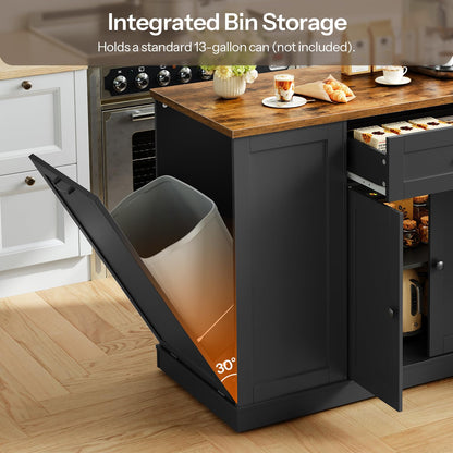 HOOBRO Black Mobile Kitchen Island with Trash Can Storage & Power Outlet & Spice Rack & Drawers