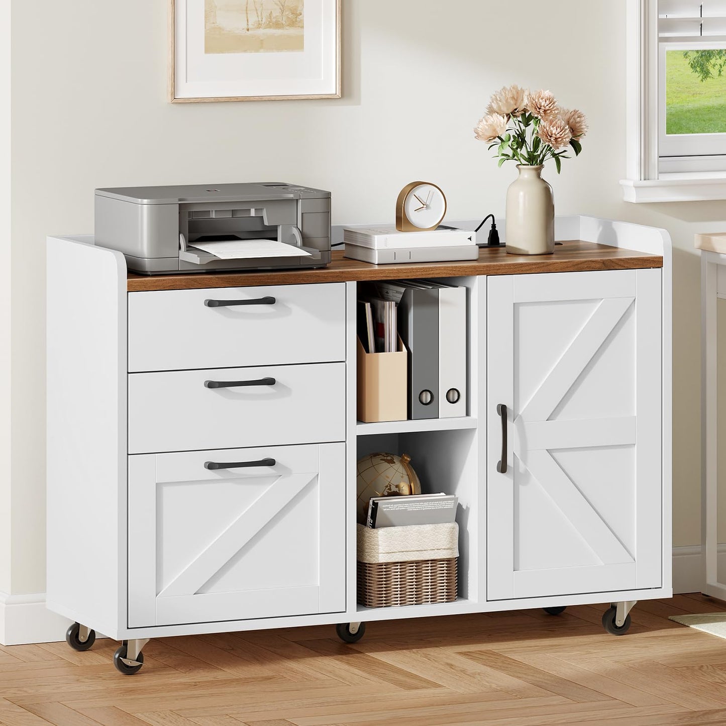 HOOBRO White Farmhouse Style Wooden Side-Pull Filing Cabinet with Charging Station & 3 Drawers & Cabinet Door