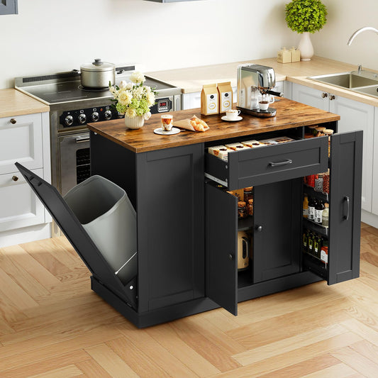 HOOBRO Black Mobile Kitchen Island with Trash Can Storage & Power Outlet & Spice Rack & Drawers