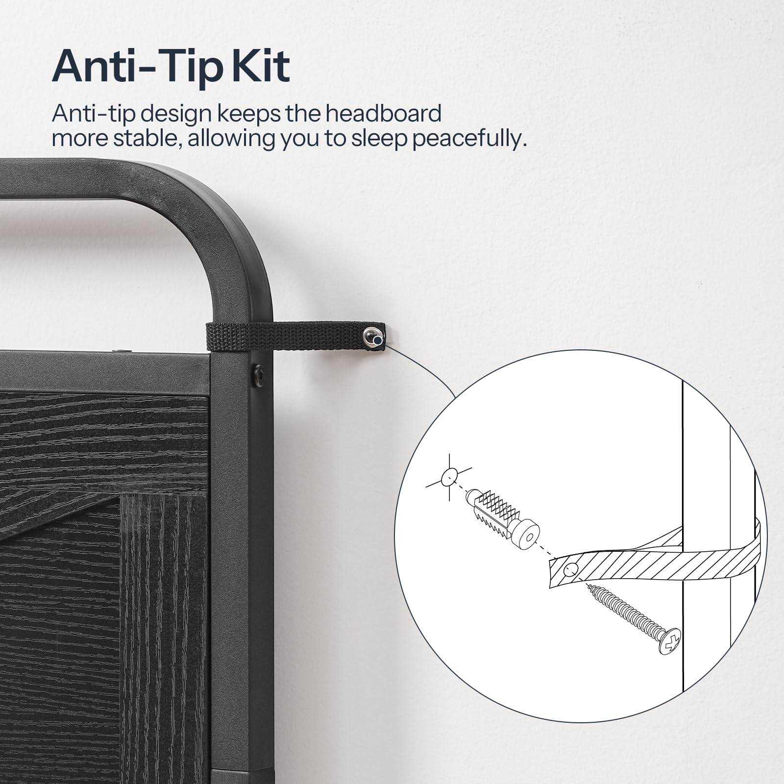 Black headboard with anti-tip kit feature and text on a white background