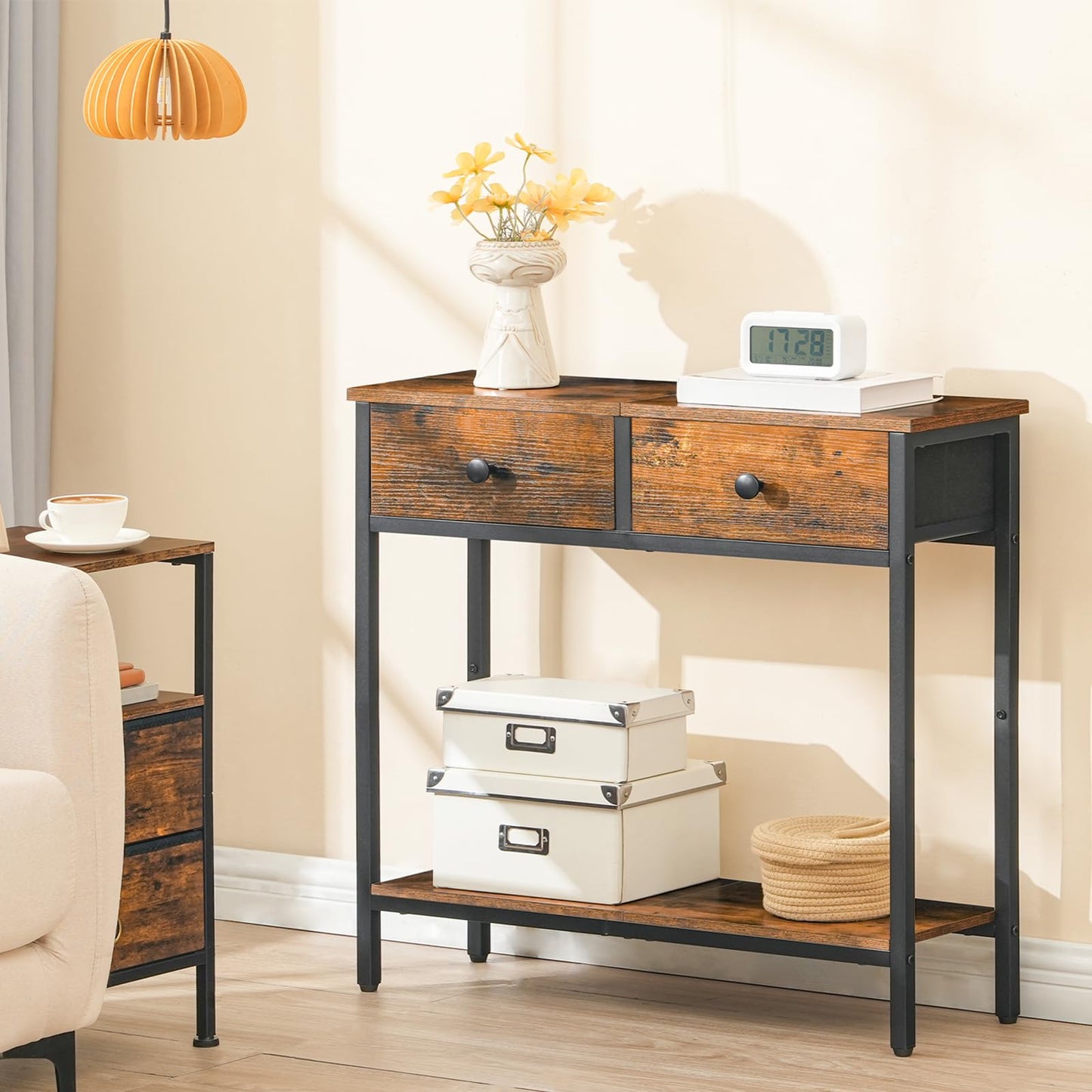 HOOBRO Retro Brown 29.5-inch Narrow Console Table with 2 Fabric Drawers