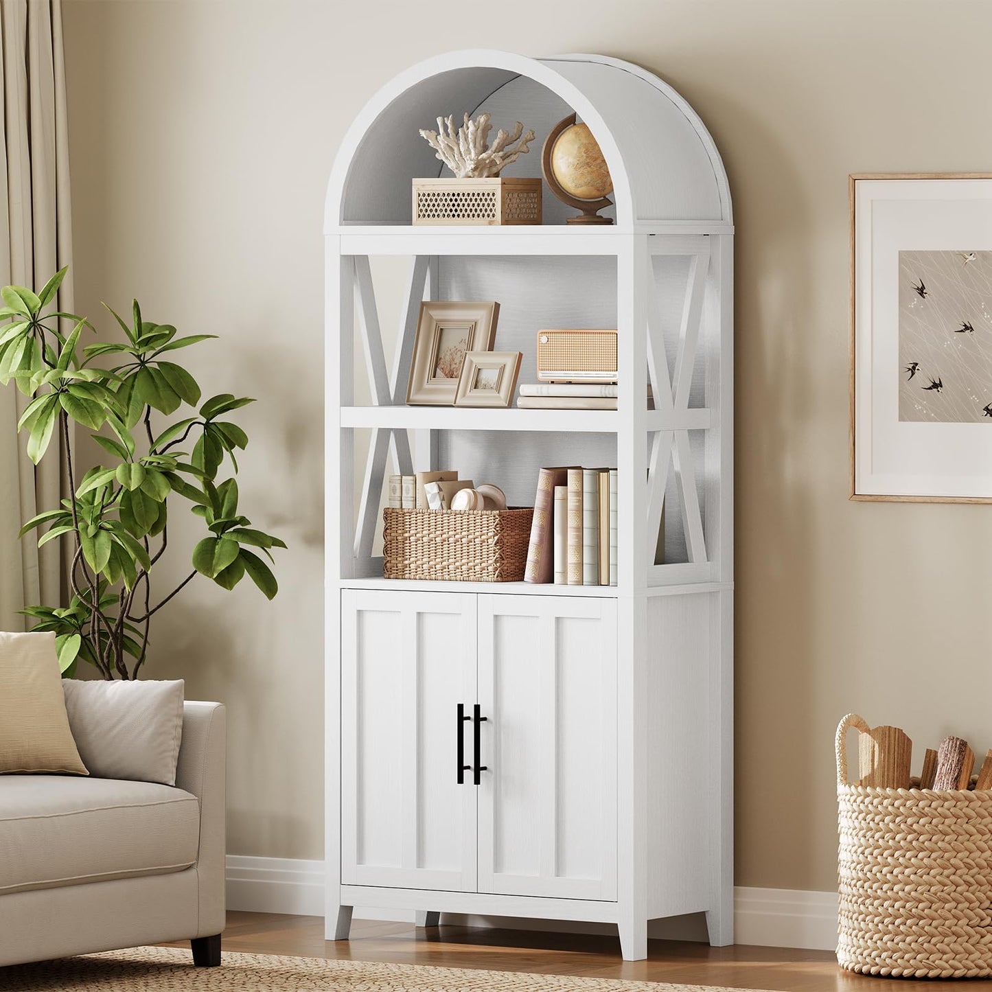 White arched bookshelf with decorative items in a living room setting