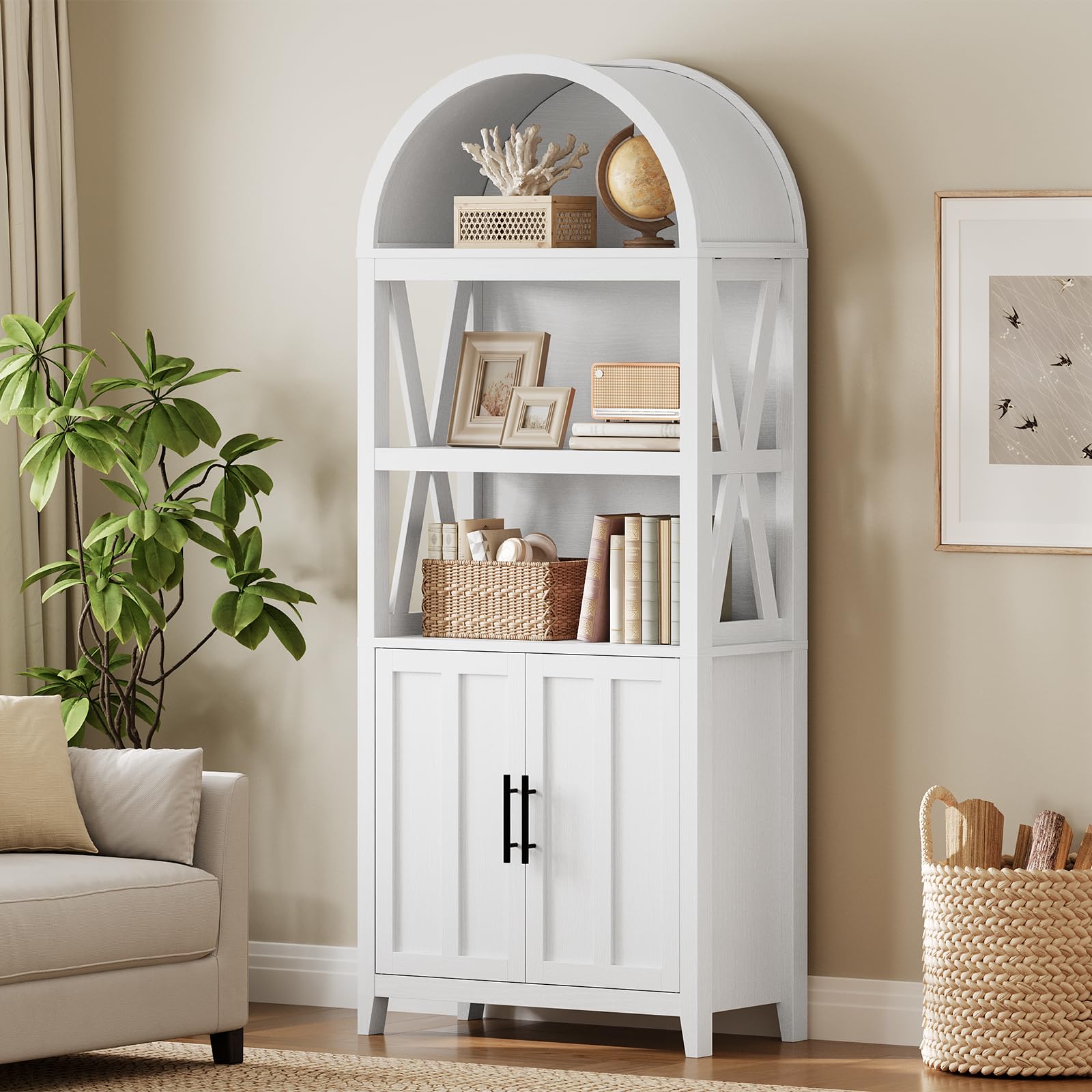 White arched bookshelf with decorative items in a living room setting