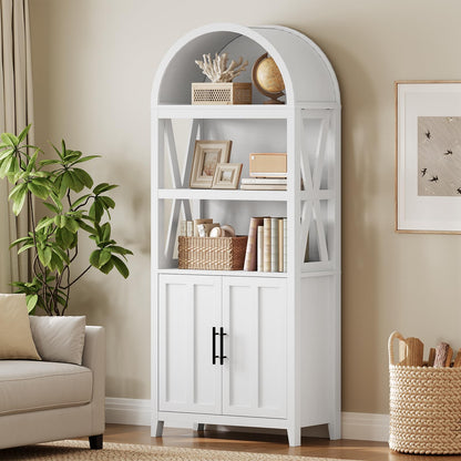 White arched bookshelf with decorative items in a living room setting
