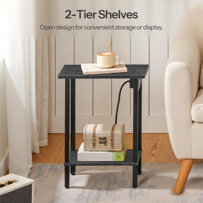 HOOBRO Small End Table with Charging Station, Narrow Side Table with USB Port and Outlets, Skinny Sofa Table, Slim Nightstand, Living Room, Bedroom, Black BK240UBZ01