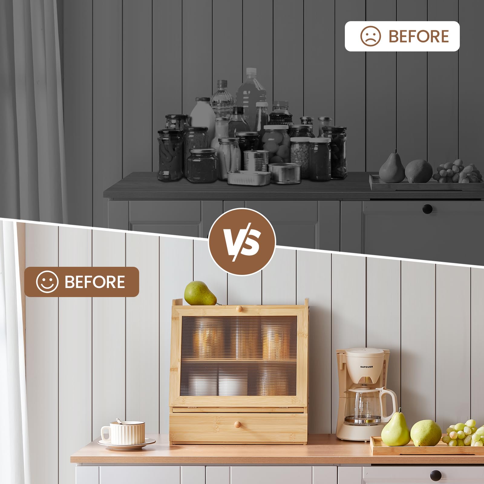 Before and after comparison of a kitchen setup with a wooden cabinet and coffee maker.