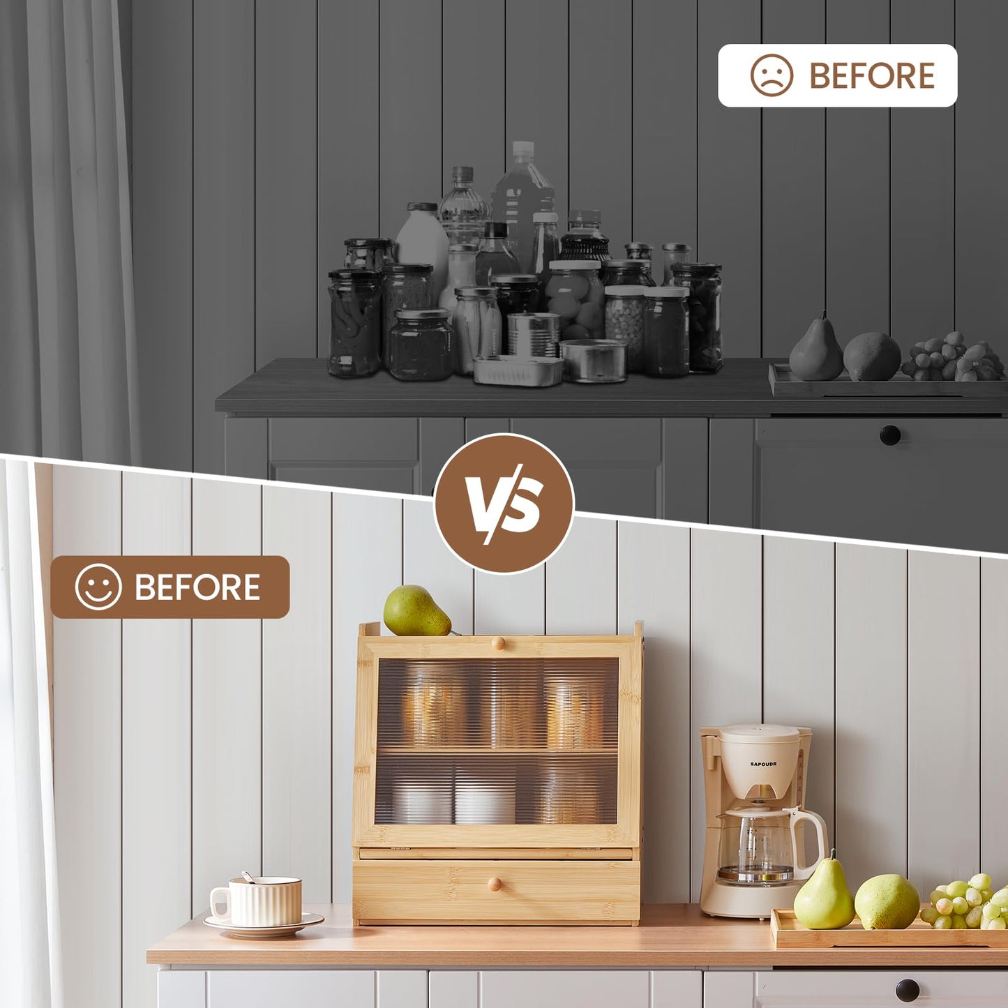 Before and after comparison of a kitchen setup with a wooden cabinet and coffee maker.