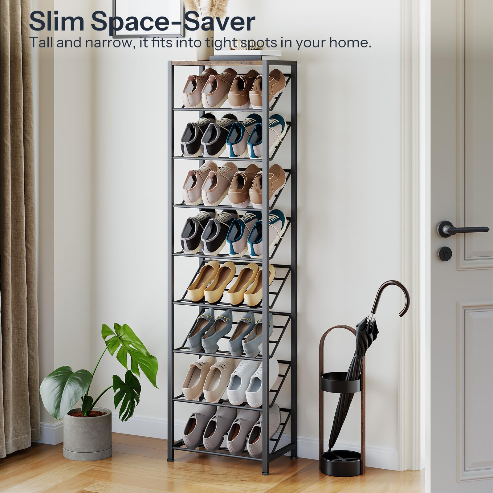 Tall shoe rack with shoes on shelves in a room setting.