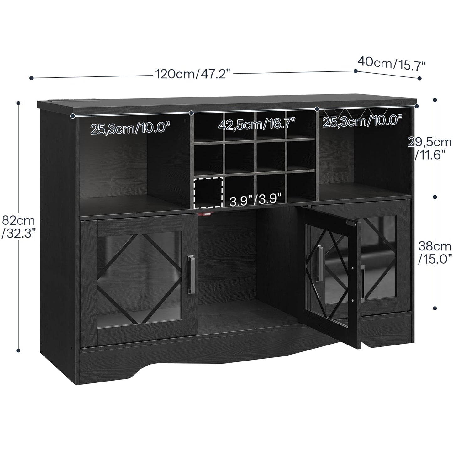 Black corner cabinet with dimensions labeled on a white background