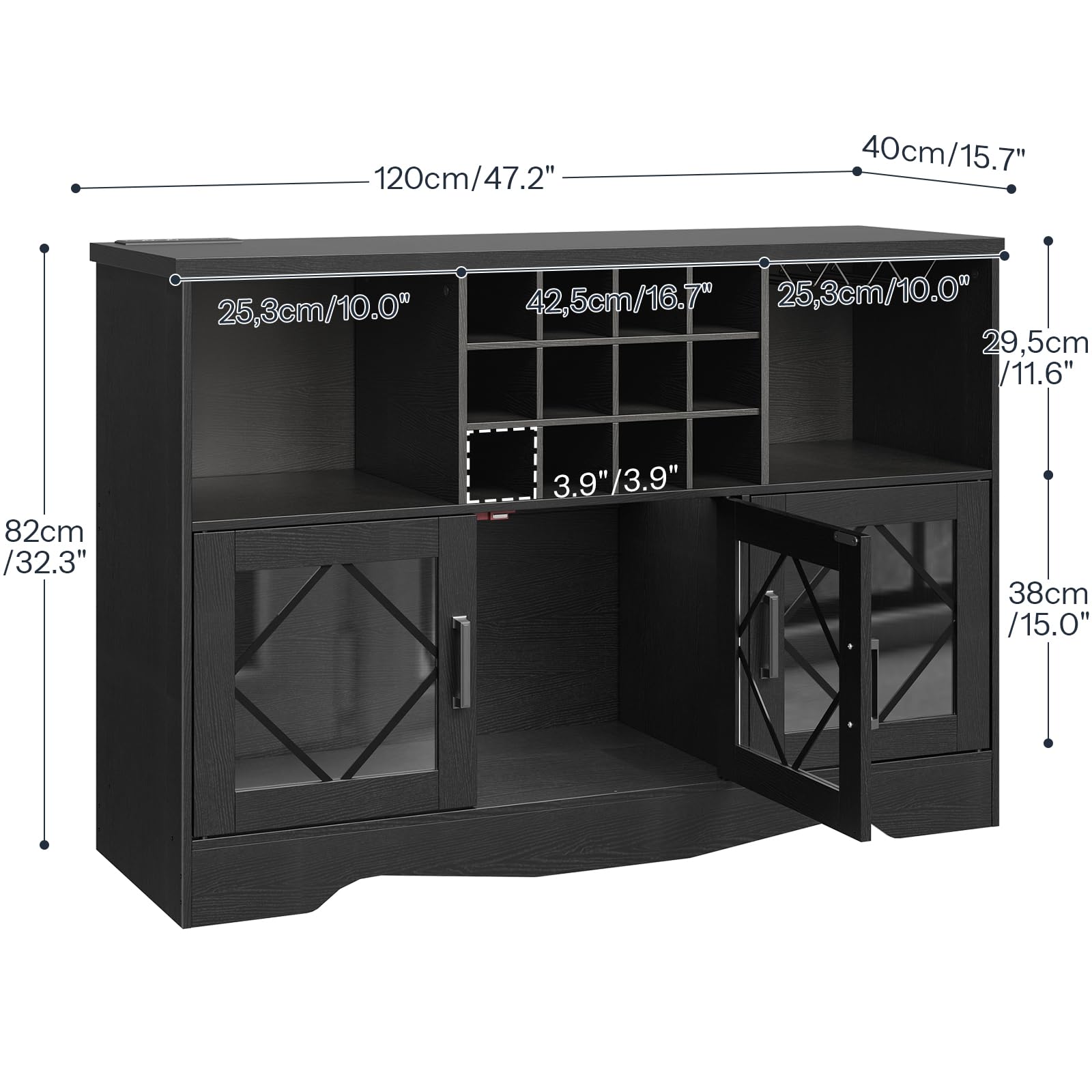 Black corner cabinet with dimensions labeled on a white background