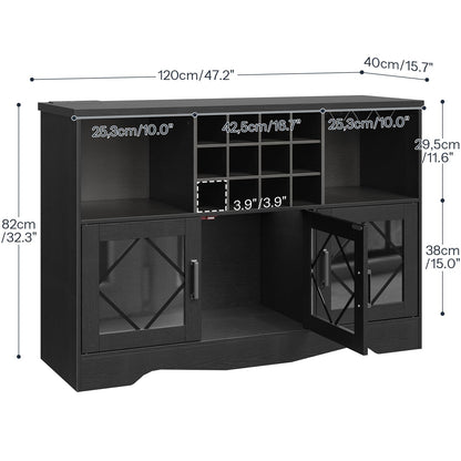 Black corner cabinet with dimensions labeled on a white background