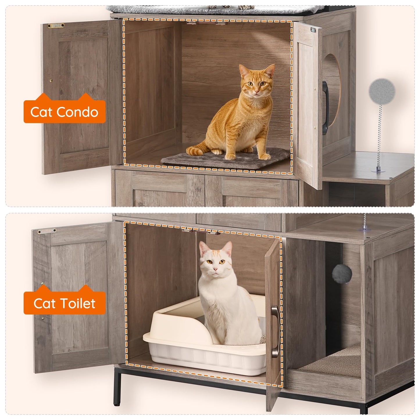 HOOBRO 2-in-1 Double-Layer Concealed Litter Box Furniture with Shelf & 2 Hanging Plush Balls & 1 Toy Bal